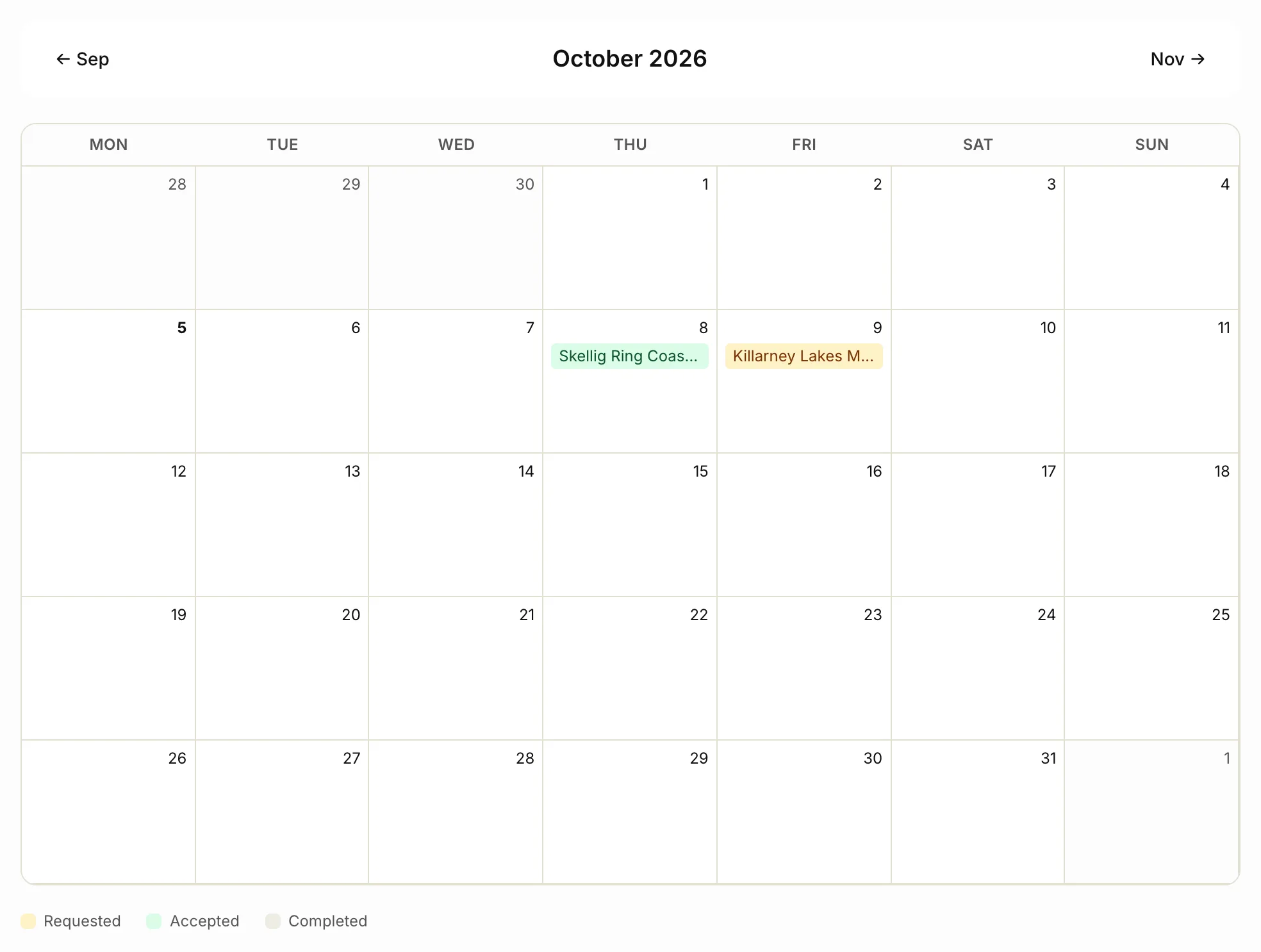 The bookings calendar for a month
