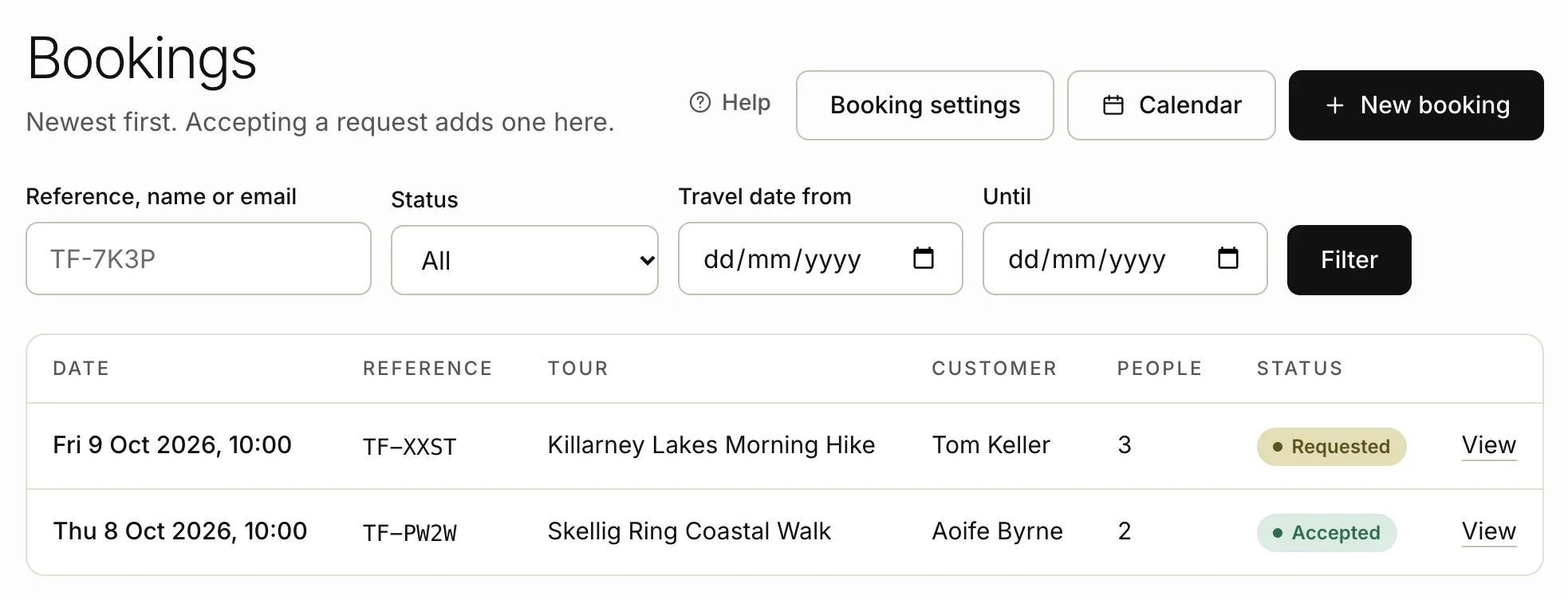 The bookings list with its filters