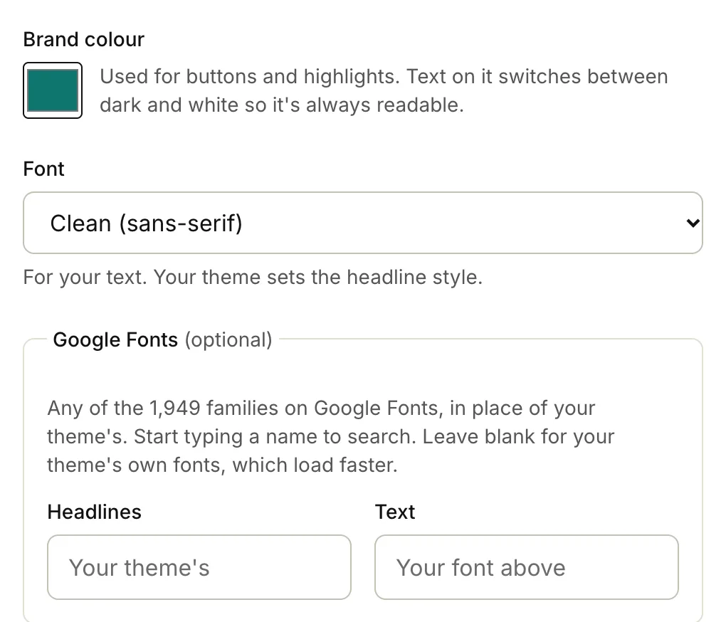 Brand colour, Font and Google Fonts on the Branding page