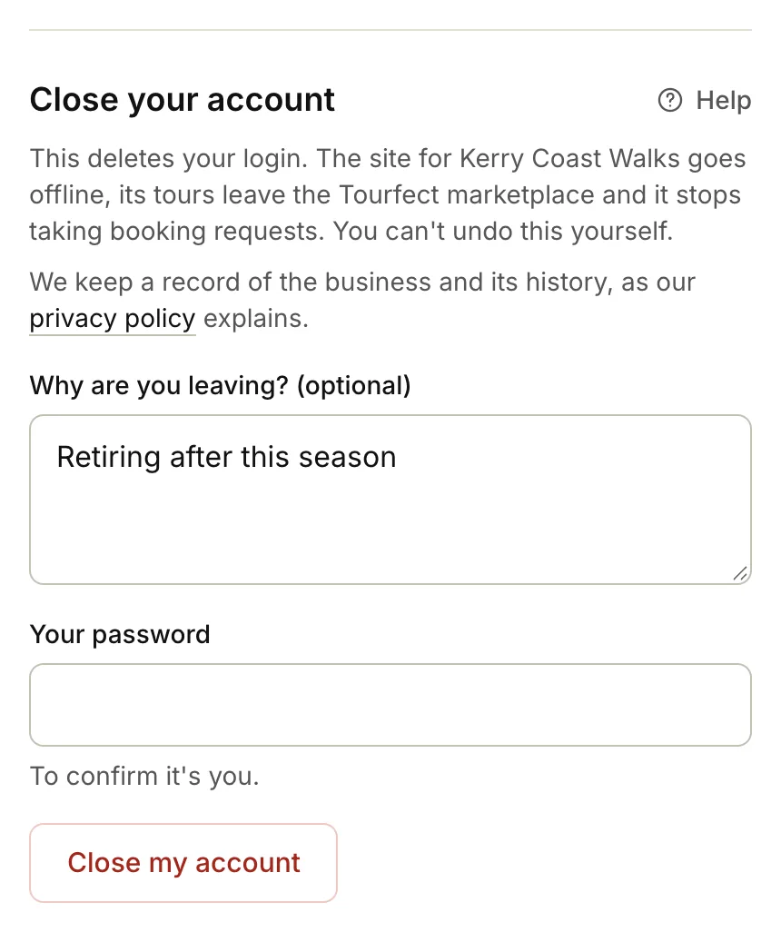 The Close your account section of the Account page
