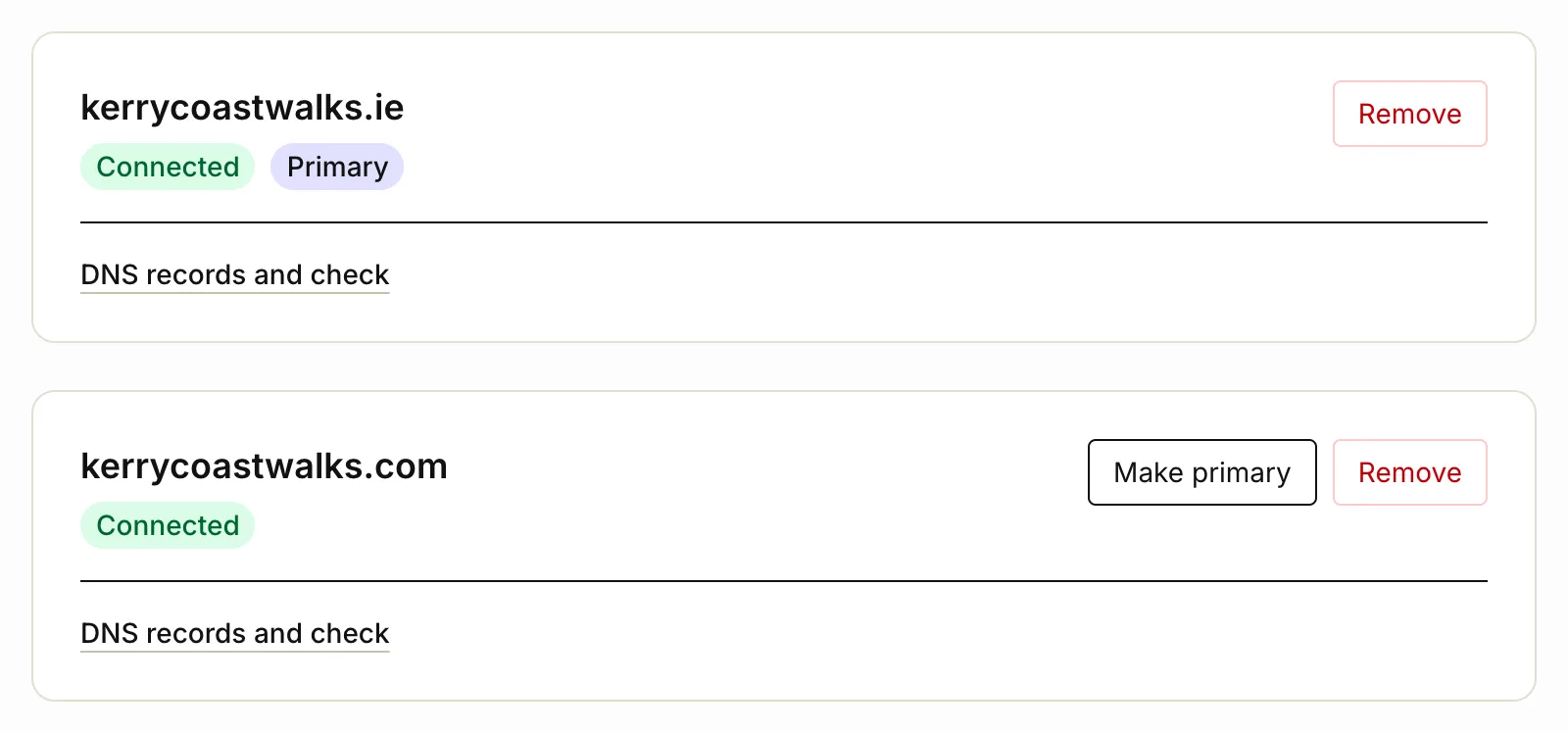 Two connected domains on the Domains page, one with a Make primary button