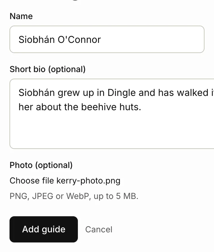 The form for adding a guide