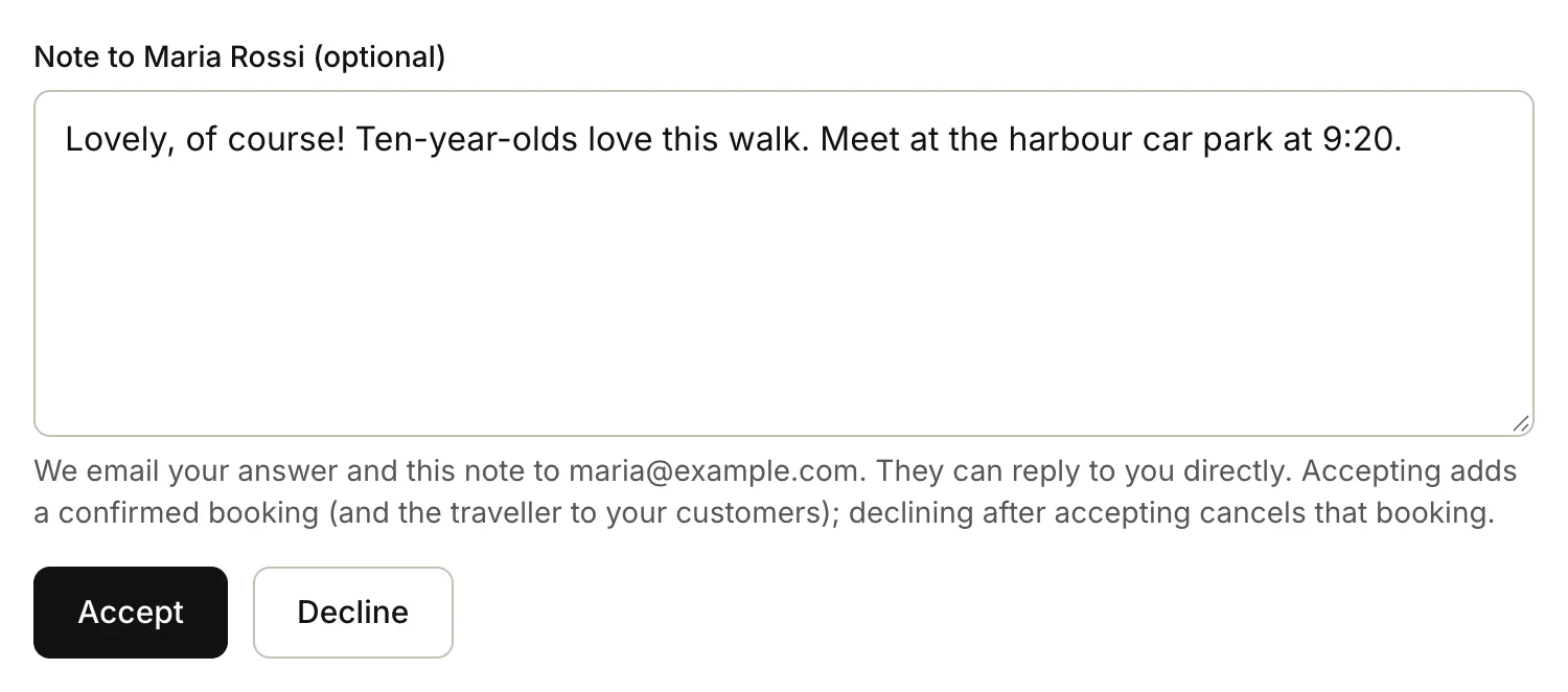 A request with the note box and the Accept and Decline buttons