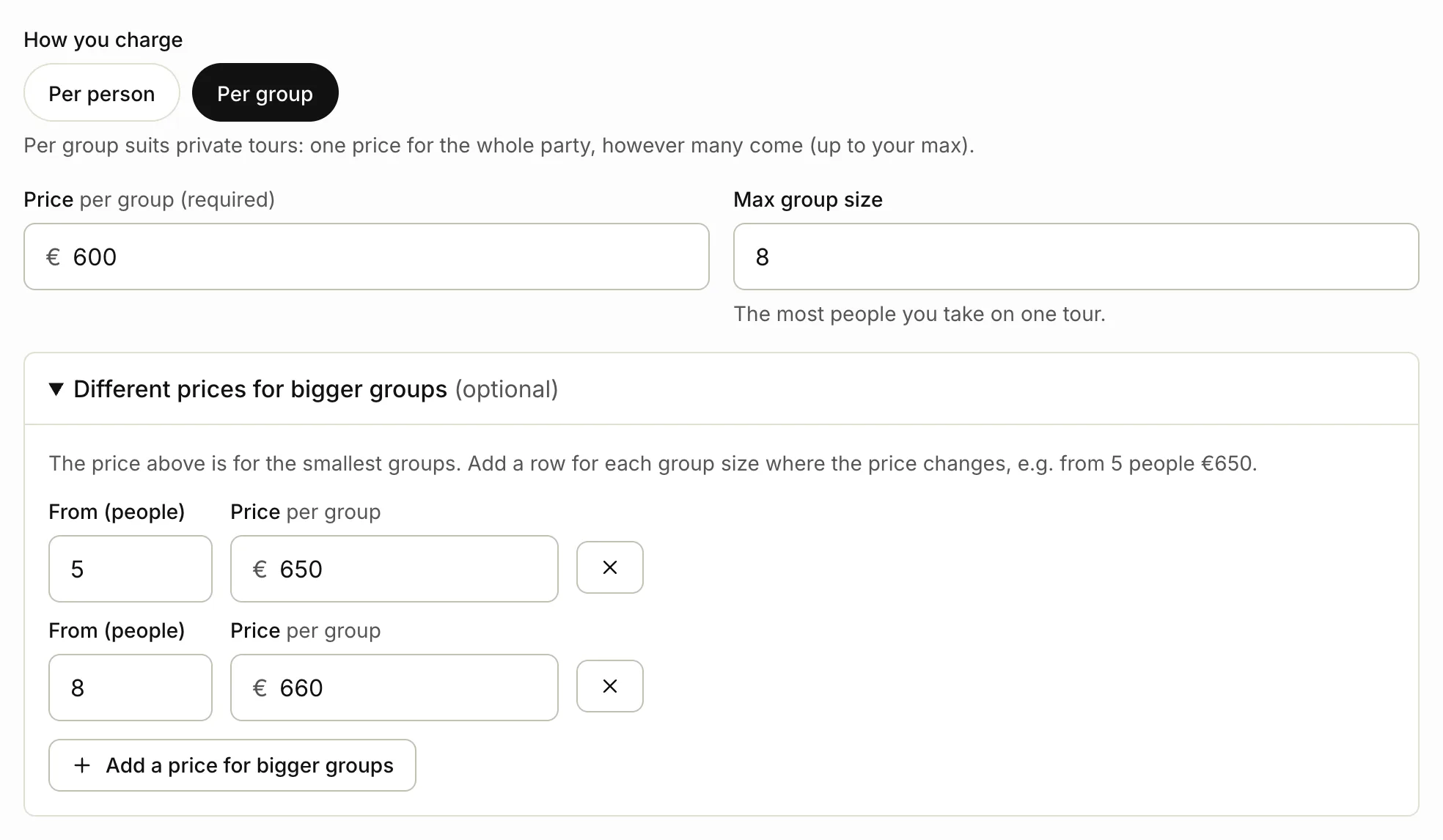 Prices for bigger groups in the tour form